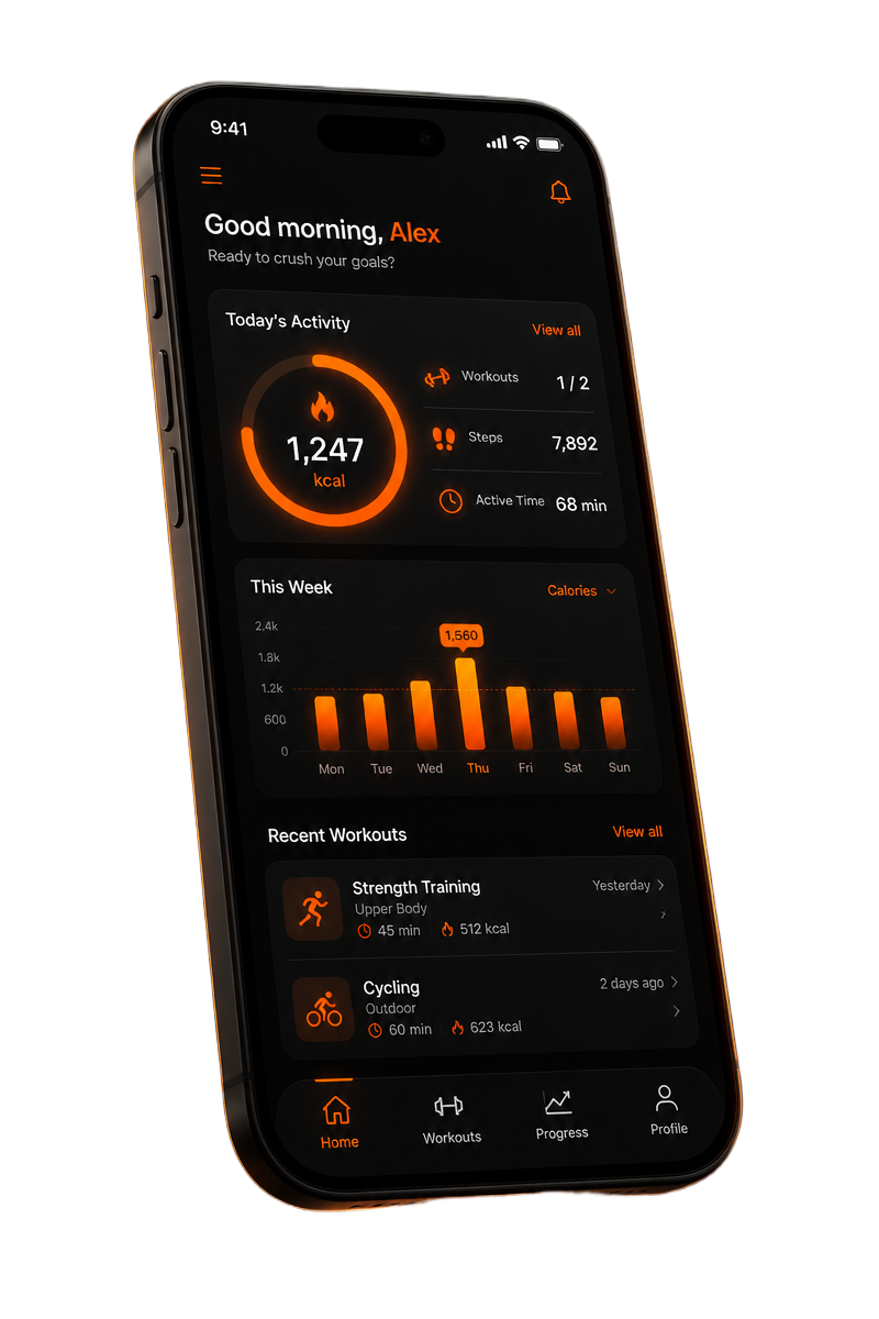Powerhouse Gym mobile app showing workout tracking dashboard