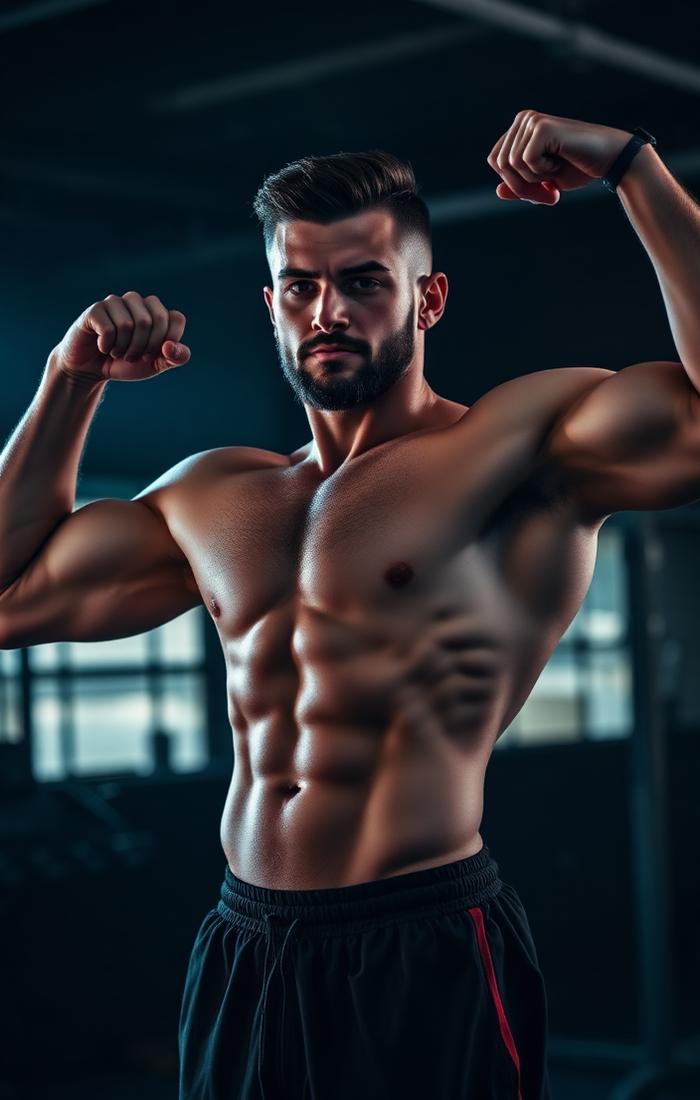 Member flexing after muscle building program