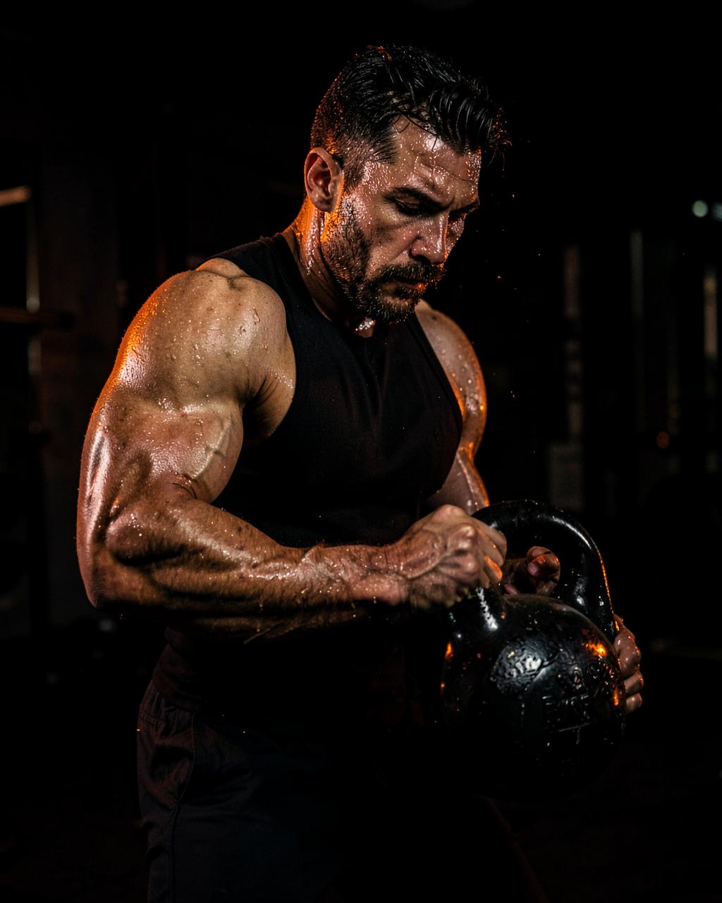 Male member training with a kettlebell